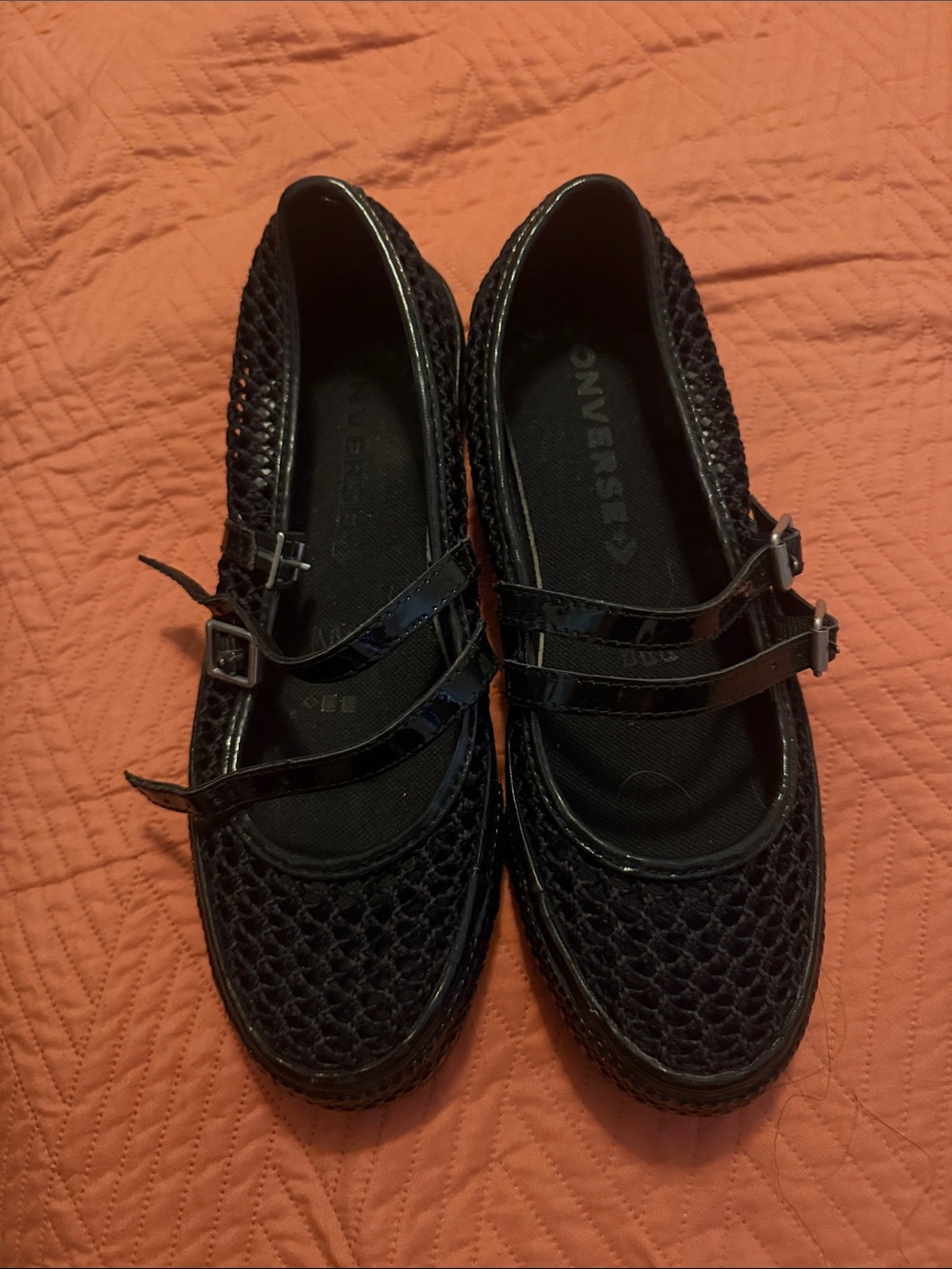 Converse Black Woven Mary Jane Flats with Patent Straps